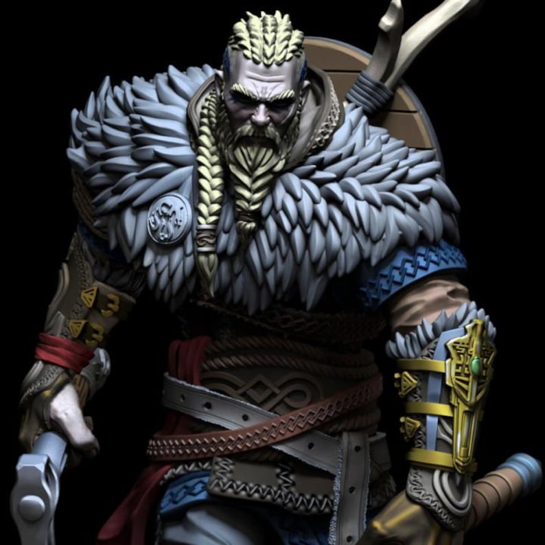 May include: A detailed figurine of a Viking warrior wearing a fur-lined cloak, a leather belt with a braided design, and a gold-colored arm guard with a green gemstone. The warrior has a long braided beard and a fierce expression.