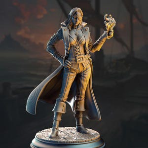 May include: A detailed figurine of a female character in a pirate-inspired outfit. She wears a long coat, corset, and trousers with vertical stripes. The figure holds a stylized flame and stands on a wooden platform, with a ship in the background.