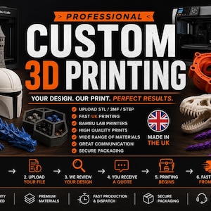 May include: A professional custom 3D printing service advertisement featuring a grey castle, a white helmet, a blue articulated dragon, a black hexagonal tray, an orange mechanical part, a dinosaur skull, and a purple octopus model.