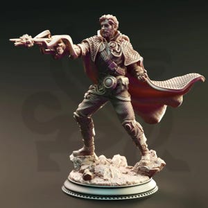 May include: A detailed miniature figurine of a fantasy character, a male wizard with a beard, wearing a cloak and holding a staff. The figurine is painted in shades of brown and grey, and is standing on a rocky base.