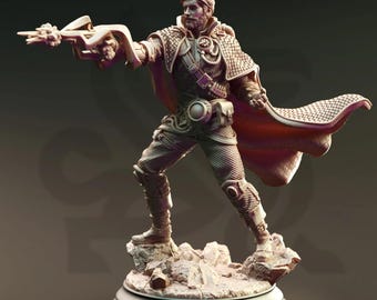 May include: A detailed miniature figurine of a fantasy character, a male wizard with a beard, wearing a cloak and holding a staff. The figurine is painted in shades of brown and grey, and is standing on a rocky base.