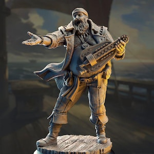 May include: A detailed figurine of a bearded man in a nautical outfit, holding a stringed instrument. The figure is posed on a wooden platform, with a ship and ocean in the background. The man wears a hat, coat, and pants, with a necklace and belt.