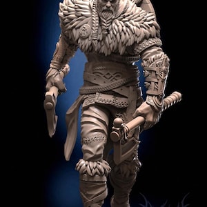May include: A detailed figurine of a warrior wearing a fur-lined tunic and holding a double-headed axe. The warrior has a long beard and a fierce expression.