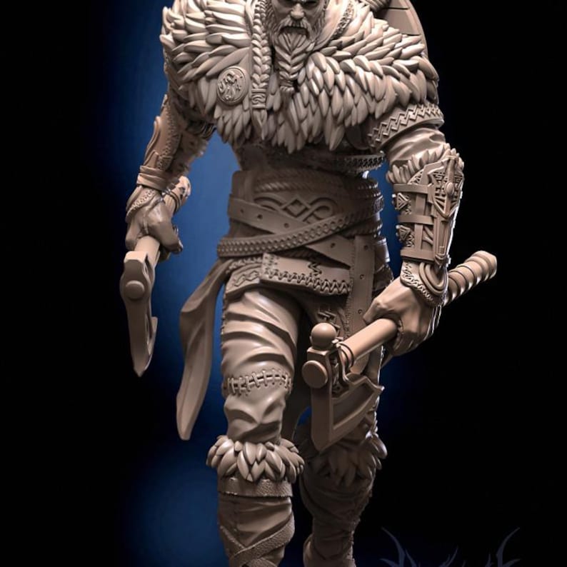 May include: A detailed figurine of a warrior wearing a fur-lined tunic and holding a double-headed axe. The warrior has a long beard and a fierce expression.