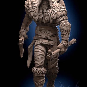 May include: A detailed clay sculpture of a warrior wearing a fur-lined cloak and holding a double-headed axe. The warrior is wearing leather armor and has a long beard.