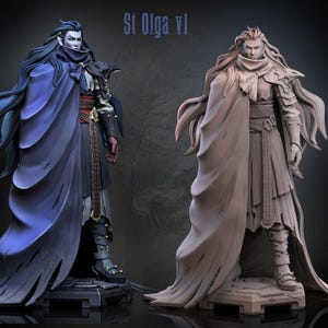 Può includere: Due statuette di personaggi fantasy in piedi etichettate St Olga VI. La figura a sinistra è dipinta con un mantello blu, capelli scuri e un'armatura dettagliata. La figura a destra è una versione in resina beige monocromatica non dipinta con caratteristiche identiche, tra cui lunghi capelli fluenti, un mantello a collo alto, una tunica a strati e stivali corazzati su una base.