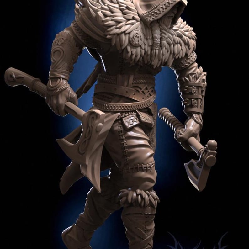 May include: A detailed figurine of a warrior wearing a fur-lined hooded cloak and holding a double-headed axe. The figurine is made of a light brown material and has intricate details.