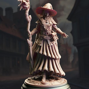 May include: A detailed figurine of a woman wearing a pointed hat and a long, flowing dress. She holds a staff with a swirling design at the top. The figurine is painted in shades of brown and beige.
