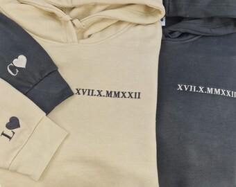 Roman Numeral Embroidered Matching Hoodie, Custom Initials With Heart Sleeve Jumper, Custom Anniversary Date Couple Hoodies, Boyfriend Gift