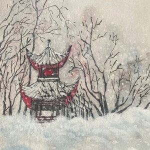 Original Chinese Painting - Chinese Landscape - Winter - Snowing - Pagoda