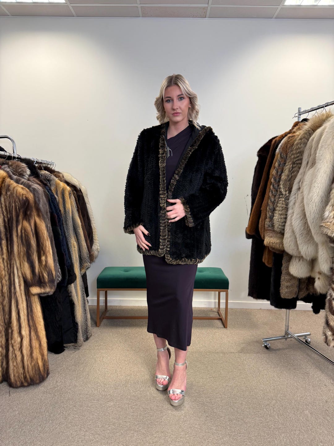 Sheared Rex Rabbit Fur Coat, Small Size, Black Rabbit Fur Coat, Hooded ...