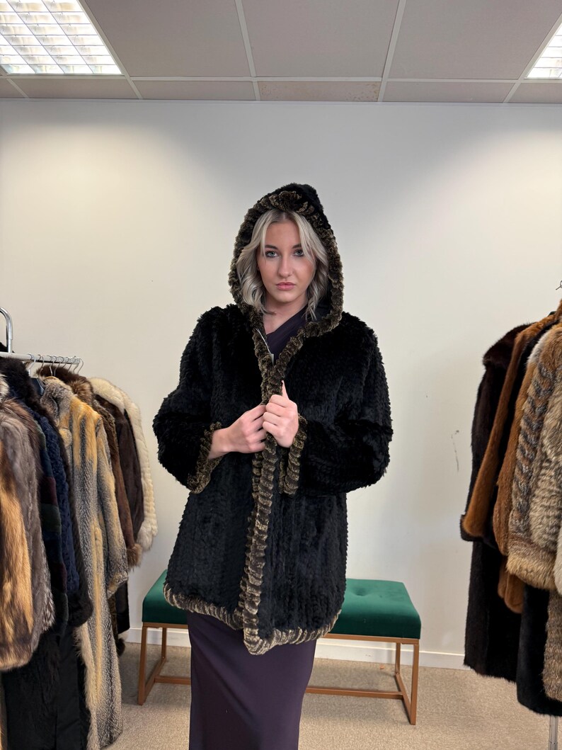 Sheared Rex Rabbit Fur Coat, Small Size, Black Rabbit Fur Coat, Hooded ...