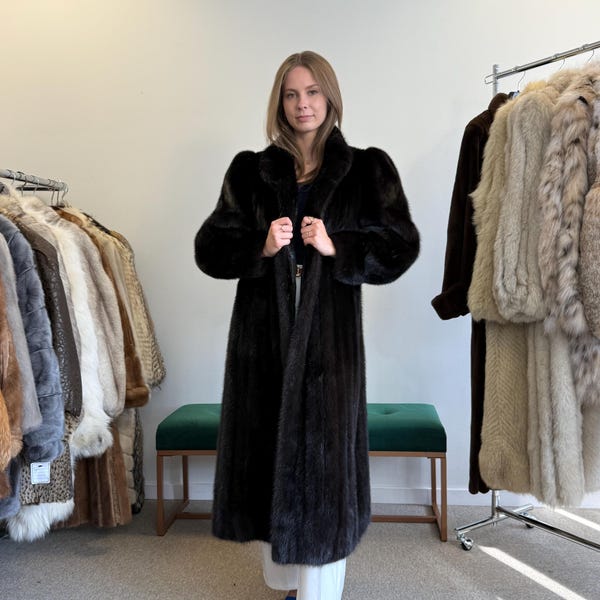 Długi płaszcz z norek, rozmiar XL, ciemnobrązowy płaszcz z norek, prawdziwe futro, czarne futro z norek, czarny płaszcz z norek, futro vintage, gruby płaszcz z norek, damski płaszcz