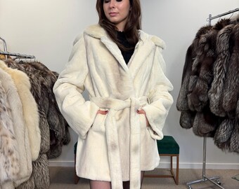 新品 ホワイト シアード ラビット ファー コート ジャケット フード