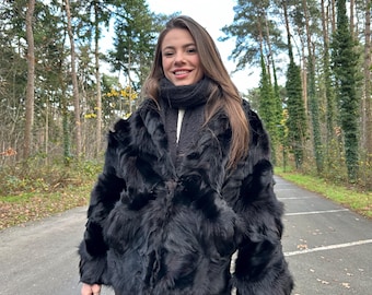 Black Fox Fur Jacket, Large Size, Real Black Fox Fur, Shiny and Luxurious, Elegant Women's Fur Jacket, Premium Outerwear, Vintage Fur Jacket