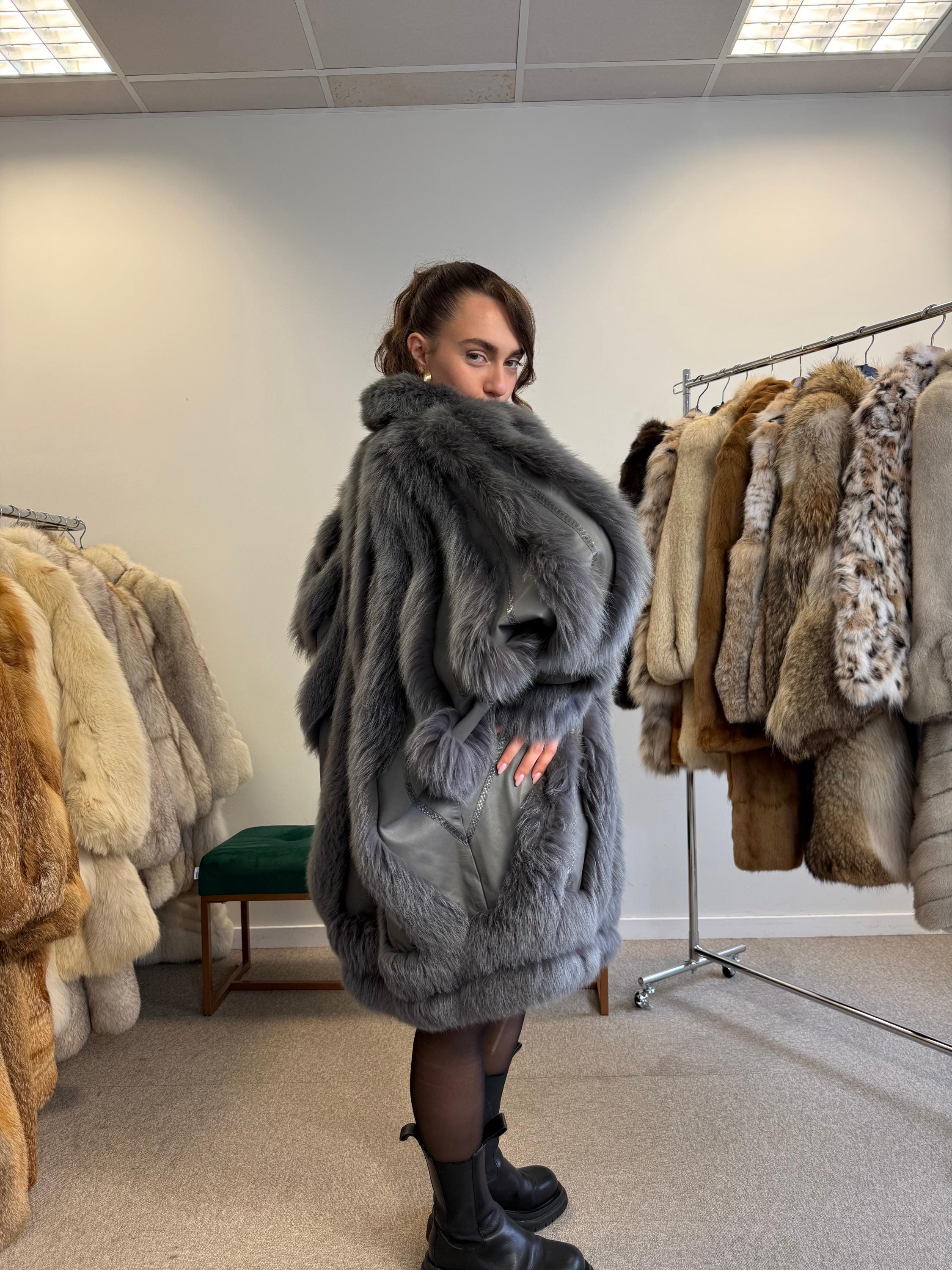 ブルー染めフォックスファーコート XLサイズ、本物のフォックスファー