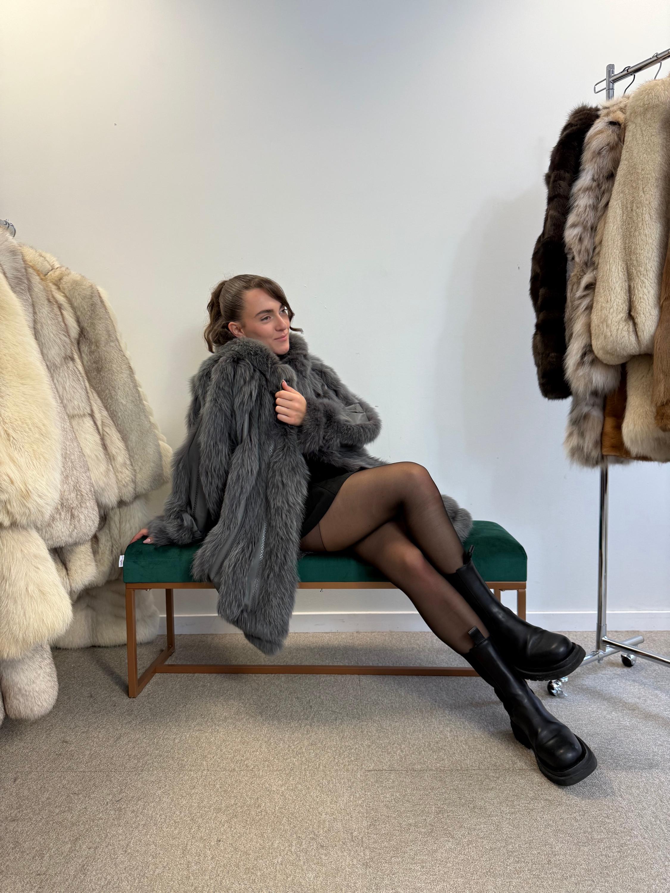 ブルー染めフォックスファーコート XLサイズ、本物のフォックスファー