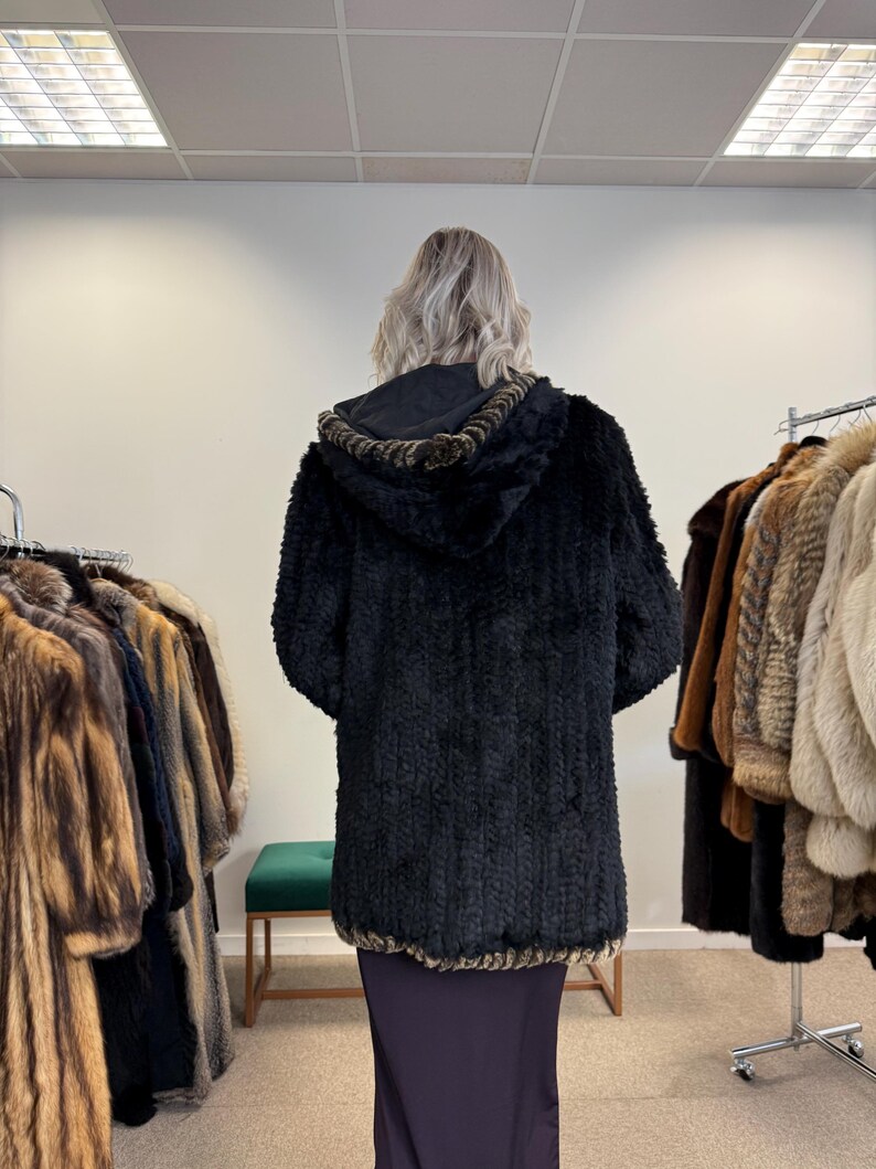 Sheared Rex Rabbit Fur Coat, Small Size, Black Rabbit Fur Coat, Hooded ...