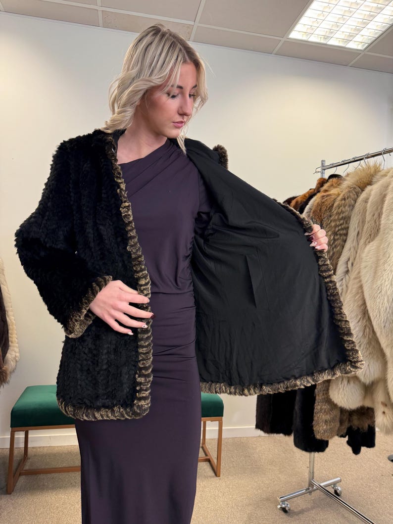 Sheared Rex Rabbit Fur Coat, Small Size, Black Rabbit Fur Coat, Hooded ...