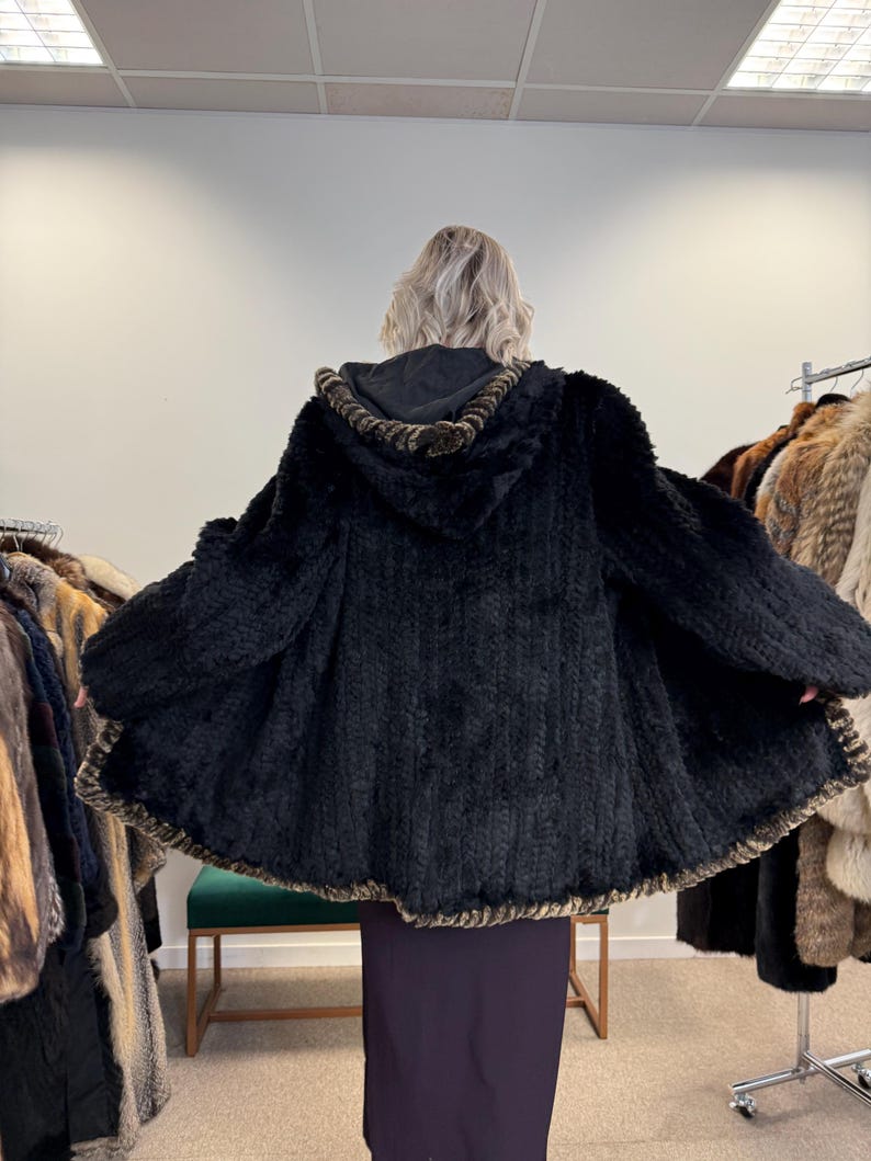 Sheared Rex Rabbit Fur Coat, Small Size, Black Rabbit Fur Coat, Hooded ...