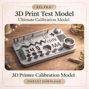 Pode incluir: Um modelo de teste de impressão 3D cinza com várias formas e texto, incluindo "345", "ctrlV" e "M4". O modelo é projetado para calibração de impressora 3D e inclui o texto "3D Print Test Model" e "Instant Download".