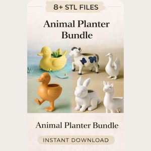 May include: An image showcasing an animal planter bundle with various animal-shaped planters, including a duck, cow, goose, rabbit, and llama. The planters are in yellow, orange, white, and blue. Text reads "Animal Planter Bundle" and "Instant Download."