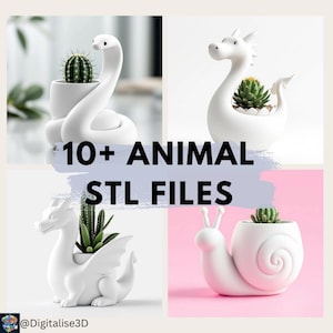 May include: Four white ceramic animal planter pots with succulents. The pots are shaped like a snake, dragon, snail, and another dragon. The text "10+ ANIMAL STL FILES" is on a purple background.
