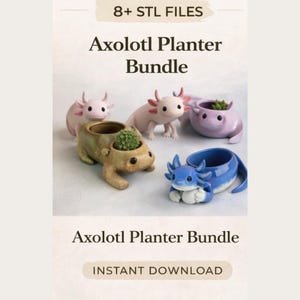 May include: Axolotl planter bundle featuring several ceramic axolotl-shaped planters in various colors, including pink, blue, and green. The planters are designed to hold small plants. Text on the image reads "Axolotl Planter Bundle" and "Instant Download."