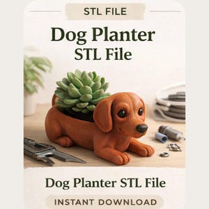 May include: A brown dachshund-shaped planter holding a green succulent. The planter has a detailed design and the text "Dog Planter STL File" and "Instant Download".