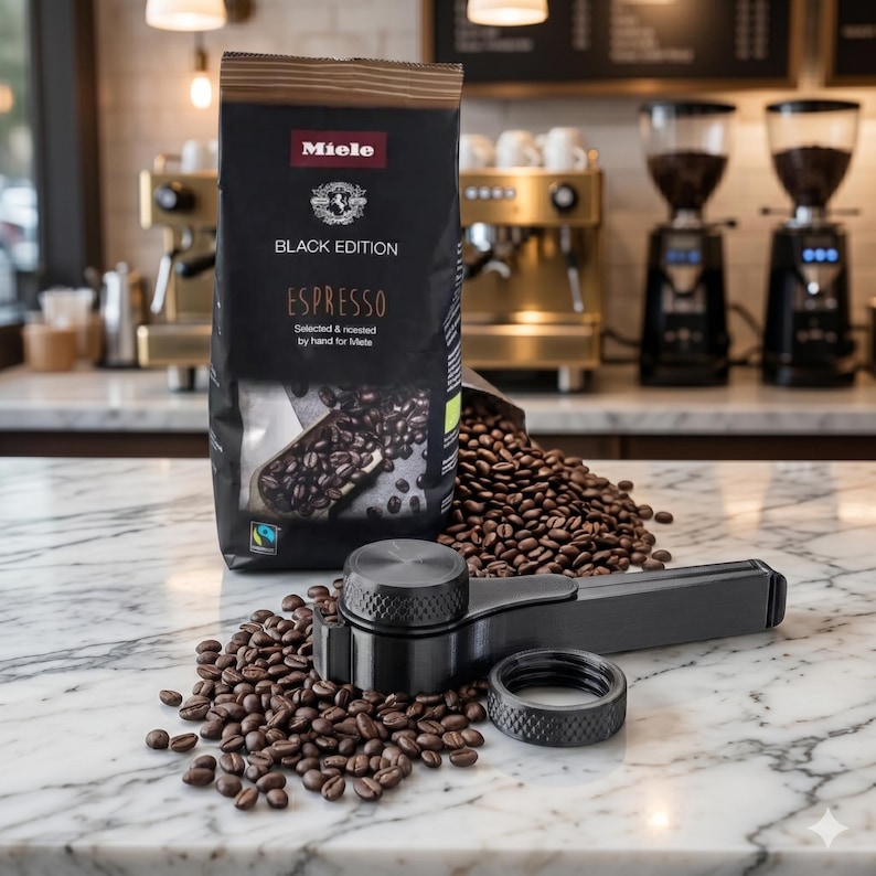 May include: A black bag of Miele Black Edition Espresso coffee beans with a black espresso machine portafilter and loose coffee beans on a marble countertop. The bag reads "Espresso" and "Selected & roasted by hand for Miele."
