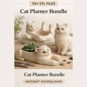Può includere: Un set di fioriere a forma di gatto di colore beige chiaro. Una fioriera è un gatto sdraiato sulla schiena, un'altra è un gatto seduto e la terza è un gatto sdraiato con una pianta succulenta. Il testo recita "Cat Planter Bundle" e "Instant Download."