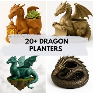 Op de afbeelding: Een verzameling draakvormige plantenbakken in verschillende kleuren en stijlen. De afbeelding toont verschillende drakenontwerpen, waaronder een gouden draak met een rol, een groene draak met vleugels en een bruine draak met een lantaarn. De tekst luidt "20+ DRAGON PLANTERS."