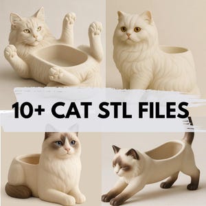 Puede incluir: Cuatro macetas de cerámica con forma de gato en varias poses y colores, incluyendo blanco y crema. Las macetas tienen un centro ahuecado para plantas. El texto en la imagen dice "10+ CAT STL FILES".
