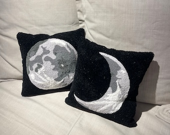 Moon Punch Needle Pillow – New Moon Decorative Cushion – Handmade Lunar Home Decor