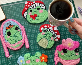 Punch Needle Frog Coaster – Handmade Cottagecore Mug Rug