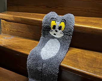 Alfombra de pelo afelpado hecha a mano con diseño de Tom y Jerry / Decoración de suelo con personajes divertidos / Alfombra de pelo afelpado perforado