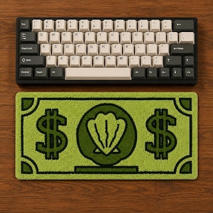 Könnte beinhalten: Eine mechanische Tastatur mit schwarzem Rahmen und einer Mischung aus dunkelgrauen und cremefarbenen Tasten, platziert über einem rechteckigen, getufteten grünen Teppich mit einem dunkelgrünen Dollarzeichen auf jeder Seite und einem Muschelmotiv.