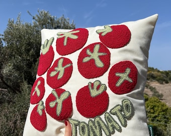 Handmade Tomato Punch Needle Pillow – Embroidered Veggie Cushion
