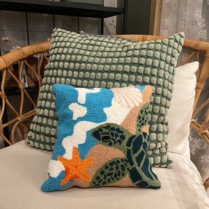 Handmade Sea Turtle Punch Needle Pillow: Coastal Nautical Decor