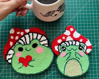 Handmade Punch Needle Frog Coaster – Cottagecore Mushroom Decor