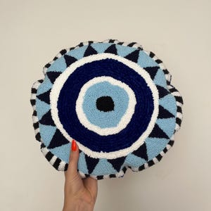 Evil Eye Punch Needle Pillow - Handmade Protective Cushion - Boho Home Decor