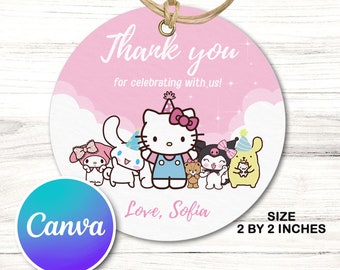 Editable Kitty Birthday round Tag Template, Printable Birthday Party Thank You tag, Kawaii Kitty and Friends Birthday Editable round Tag