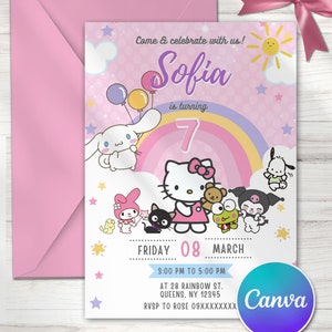 Editable Kitty Birthday Invitation Template, Printable Birthday Party Invitations, Kawaii Kitty and Friends Birthday Editable Inv. Card image 2