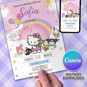 Editable Kitty Birthday Invitation Template, Printable Birthday Party Invitations, Kawaii Kitty and Friends Birthday Editable Inv. Card image 1