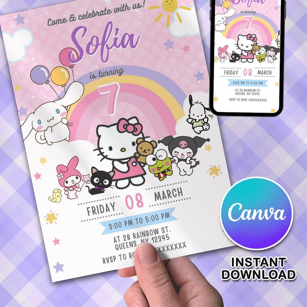 Editable Kitty Birthday Invitation Template, Printable Birthday Party Invitations, Kawaii Kitty and Friends Birthday Editable Inv. Card