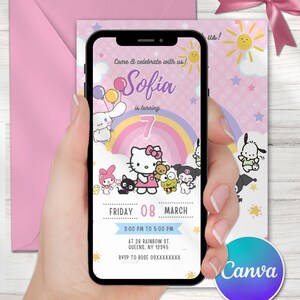 Editable Kitty Birthday Invitation Template, Printable Birthday Party Invitations, Kawaii Kitty and Friends Birthday Editable Inv. Card image 3