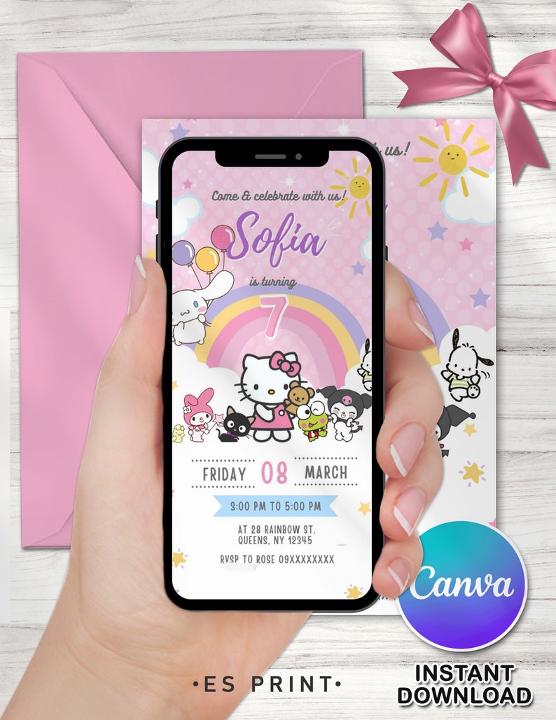 Editable Kitty Birthday Invitation Template, Printable Birthday Party Invitations, Kawaii Kitty and Friends Birthday Editable Inv. Card image 3