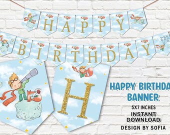 Little Prince Happy Birthday Banner, Printable Prince Banner, Prince Birthday Party Decorations, Prince Party Decor, Baby Blue and Gold