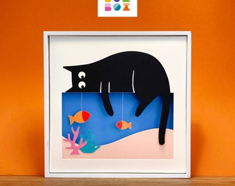 Il Gatto sull'acquario | Quadro con cornice in carta mobile - Shadowbox - Scatola delle ombre