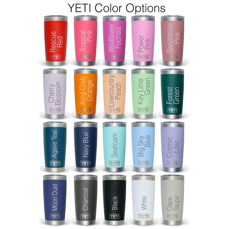 Op de afbeelding: Een display van diverse YETI-bekers in een reeks kleuren, waaronder rood, roze, groen, blauw en neutrale tinten. Elke beker is cilindrisch en voorzien van het YETI-logo. De tekst "YETI Color Options" staat bovenaan.